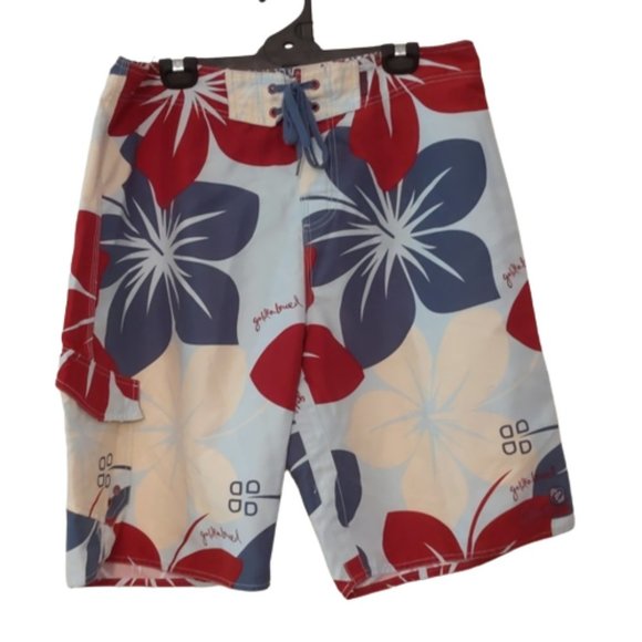 Golden Breed Other - Golden Breed Men Board Shorts Size 92 Blue Red Hawaiian Print Pocket Hook & Loop